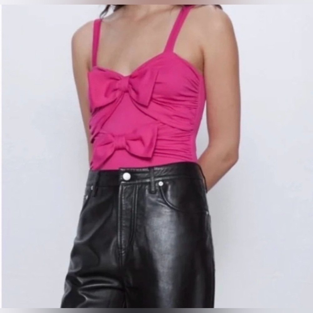 Zara Hot Pink Bow Tie Bodysuit Size L Barbiecore NWT